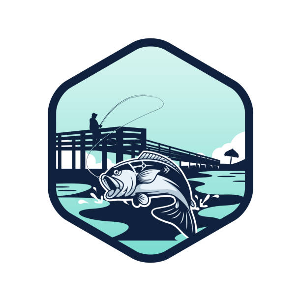 illustration of people fishing on the beach in a hexagon frame. fishing camp logo concept. illustration of people fishing on the beach in a hexagon frame. fishing camp logo concept. fishing bait stock illustrations