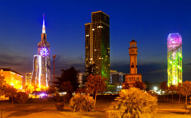 Picturesque night view of illuminated Miracle park at Batumi, Georgia