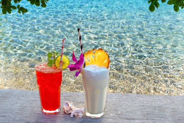 two tropical cocktails in front of turquoise water two tropical cocktails in front of turquoise water goa beach party stock pictures, royalty-free photos & images