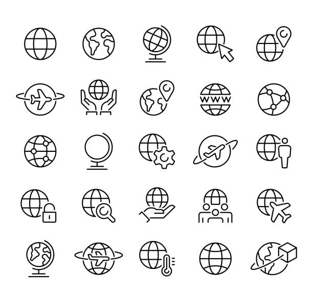 globe - set ikon vektor garis tipis. pixel sempurna. stroke yang dapat diedit. set ini berisi ikon: planet bumi, globe, bisnis global, perubahan iklim, pengiriman, perjalanan, konservasi lingkungan, pengiriman - peta dunia ilustrasi stok