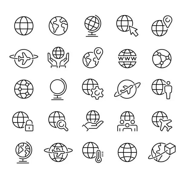 Vector illustration of GLOBE - thin line vector icon set. Pixel perfect. Editable stroke. The set contains icons: Planet Earth, Globe, Global Business, Climate Change, Delivering, Travel, Environmental Conservation, Shipping