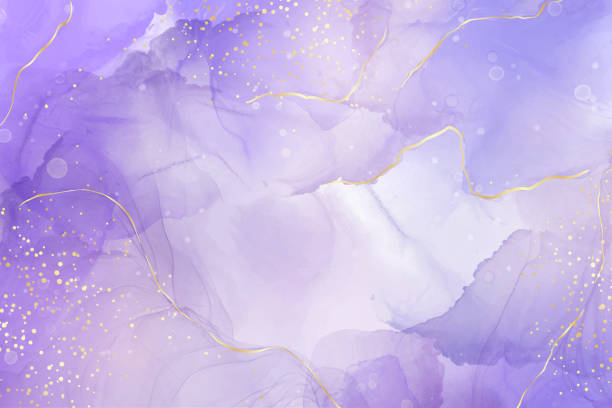 Violet lavender liquid watercolor marble background with golden lines. Pastel purple periwinkle alcohol ink drawing effect. Vector illustration design template for wedding invitation, menu, rsvp vector art illustration