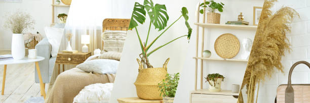 istock Boho style interior. Vintage details, flowers and baskets. Pastel shades. Collage. 1365190190