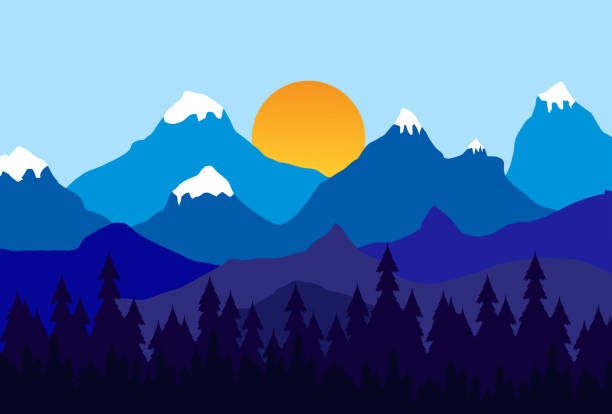 ilustrações de stock, clip art, desenhos animados e ícones de 3d illustration wallpaper landscape. blue mountains and christmas forest trees and sunrise. - silhouette snow digitally generated image illustration and painting