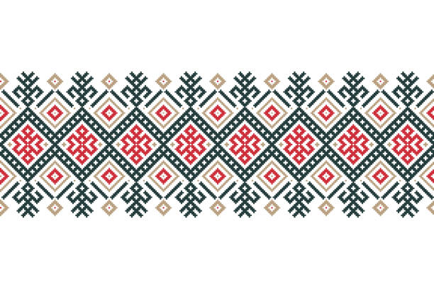 Vector illustration of Ukrainian folk seamless pattern ornament. Ethnic ornament. Border element. Traditional Ukrainian, Belarusian folk art knitted embroidery pattern - Vyshyvanka.
