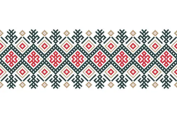 Vector illustration of Vector illustration of Ukrainian folk seamless pattern ornament. Ethnic ornament. Border element. Traditional Ukrainian, Belarusian folk art knitted embroidery pattern - Vyshyvanka