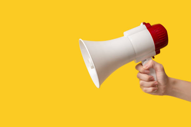 istock Megaphone in woman hands on a yellow background. 1365191822