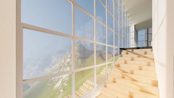 Modern house with a flat roof on the hill. House with terraces and pergolas 3D rendering