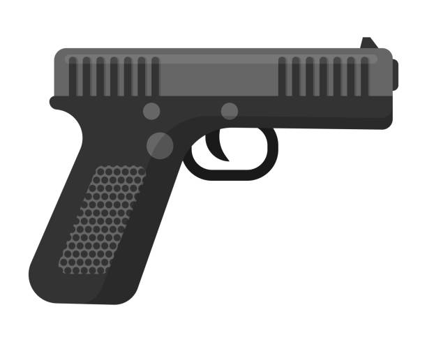 illustrazioni stock, clip art, cartoni animati e icone di tendenza di pistola ufficiale in metallo nero. concetto di terrorismo e guerra con l'uso di armi da fuoco militari per i soldati. - handgun