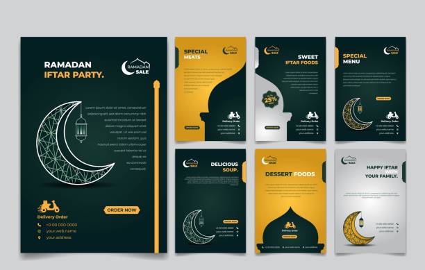 Set of social media post template in green, yellow and white background with moon and lantern design. Iftar mean is breakfasting. Set of social media post template in green, yellow and white background with moon and lantern design. Iftar mean is breakfasting. social media template with islamic background design flyposting illustrations stock illustrations