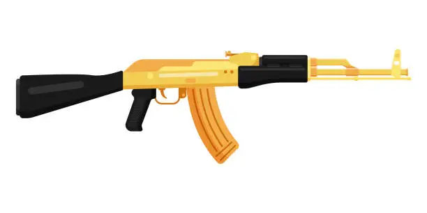 Vector illustration of Russian golden AK 47 Kalashnikov assault rifle with butt. Concept of terrorism and war.