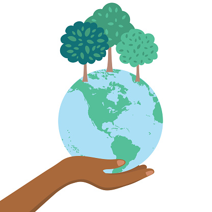 Black hands holding the planet with trees. Flat colors, transparent base.
