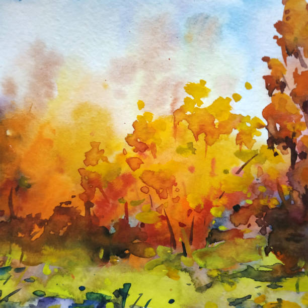 istock Watercolor colorful bright textured abstract background handmade . Mediterranean landscape . Painting of the park in autumn 1365193020