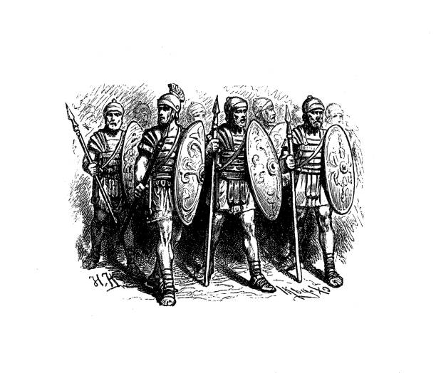 Ancien Roman legion soldiers with armor,  shield and spear Ancien Roman legion soldiers with armor,  shield and spear roman centurion stock illustrations