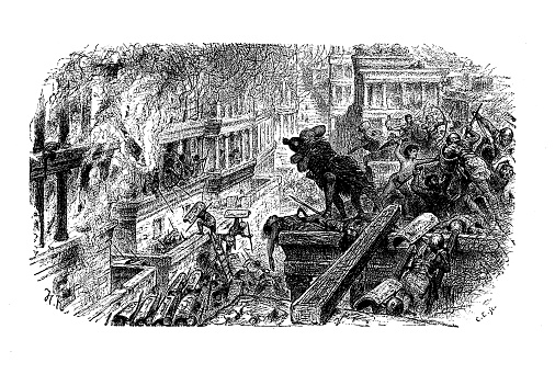 Scene representing the Carthage destruction in the third Punic war by the Roman legions of Scipio Africanus