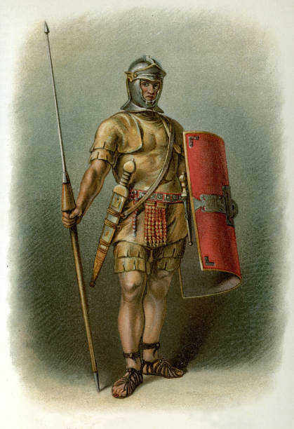 Ancien Roman legion soldier with shield, sword and spear, color illustration Ancien Roman legion soldier with shield, sword and spear, color illustration roman army stock illustrations