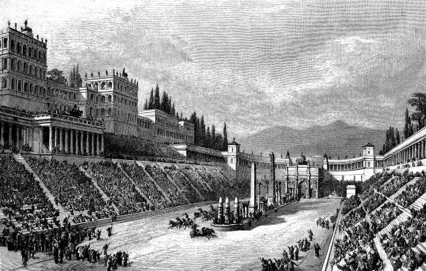 реконструкция большого цирка. это был первый и самый большой стадион в древнем риме, посвященный гонкам на колесницах и массовым развлекат� - ancient rome ancient past architecture stock illustrations