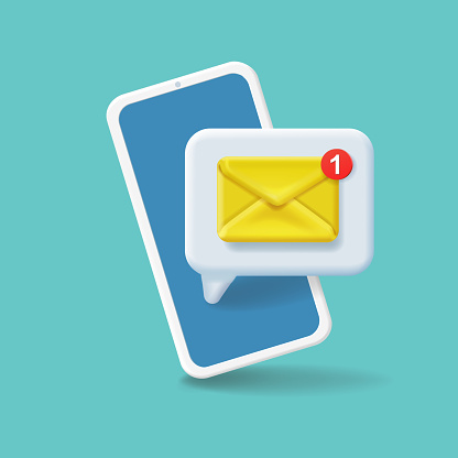 Email notification concept. New mail or sms reminder on smartphone screen. Mobile phone, envelope electronic letter . Vector 3d illustration.