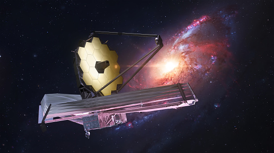 James Webb space telescope in deep space research far galaxies. JWST and gaalxy. Space observatory. Sci-fi collage. Elements of this image furnished by NASA