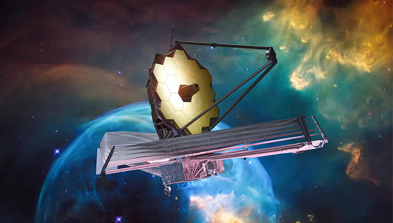 JWST in outer space. James Webb telescope far galaxy explore. Sci-fi space collage. Astronomy science. Elemets of this image furnished by NASA (url: https://www.nasa.gov/sites/default/files/styles/full_width_feature/public/thumbnails/image/755409main_webb.jpg)