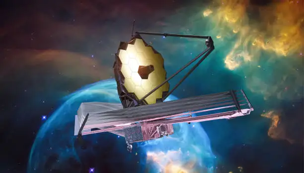 Photo of JWST in outer space. James Webb telescope far galaxy explore. Sci-fi space collage. Astronomy science. Elemets of this image furnished by NASA