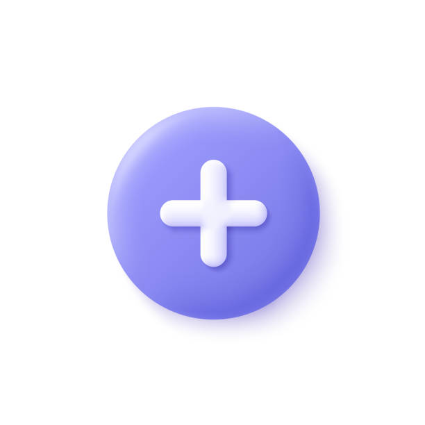 ilustraciones, imágenes clip art, dibujos animados e iconos de stock de agregue, además, el botón redondo cruzado médico. icono vectorial 3d. estilo minimalista de dibujos animados. - mas simbolo