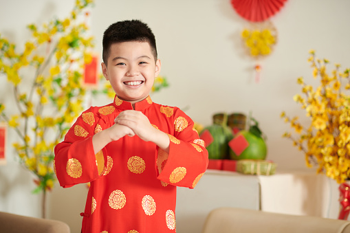 Portrait of happy little Vietnamese boy in traditional Lunar New Year costume making greeting gesture and smiling at camera