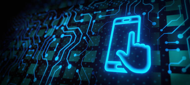istock Mobile Phone 5G global network concept. High speed wi-fi internet connection. Hi-tech design. Computer circuit board. Blue futuristic frame and symbol 1365199587
