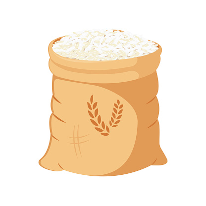 Rice sack, linen, burlap, brown, isolated on white. Vector illustration of cereal grain harvest.