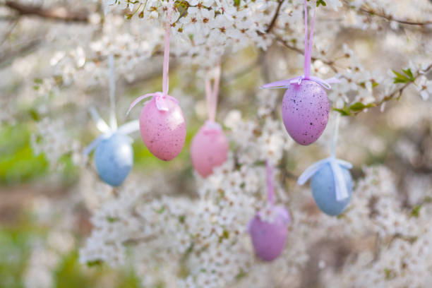 istock a flowering tree in the garden is decorated with decorative colorful Easter eggs. 1365200974