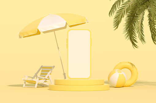 Blank screen smart mobile phone on podium summer holiday travel concept on yellow background