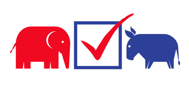 Donkey and elephant. Vector vintage banner for 2024 presidential election in USA. Vector vintage banner for 2024 presidential election in USA. Vector illustration of donkey and elephant. Vote 2024. democratic party logo stock illustrations