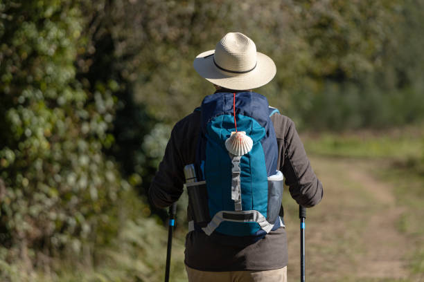 View from behind of a pilgrim walking on his way to Santiago de Compostela stock photo