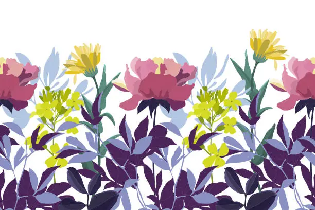 Vector illustration of Vector floral seamless pattern, border. Horizontal panoramic design with yellow and pink flowers.