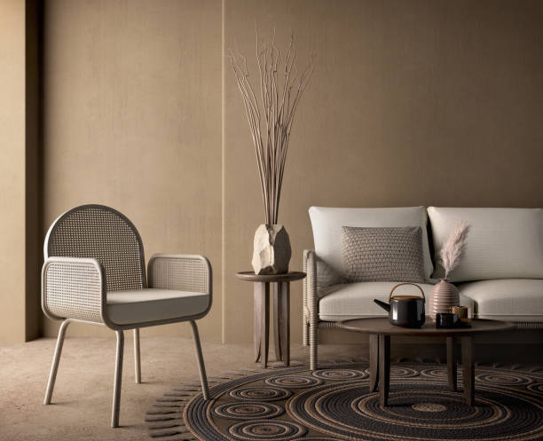 istock Boho style brown living room with wicker chair,sofa,table and vaset on dark wall background.3d rendering 1365208519
