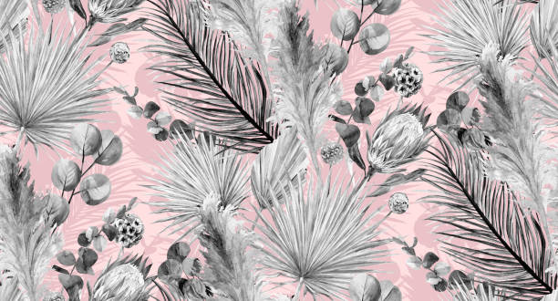 ilustraciones, imágenes clip art, dibujos animados e iconos de stock de patrón monocromo sin costuras con plantas tropicales y flores para textiles - moda londinense