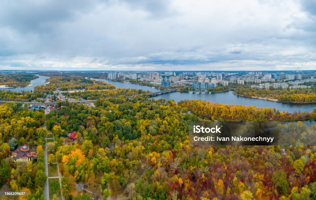 Panorama of Kiev from a height."n Autumn panorama of Kiev with a view of the Dnieper. Aerial View Stock Photo