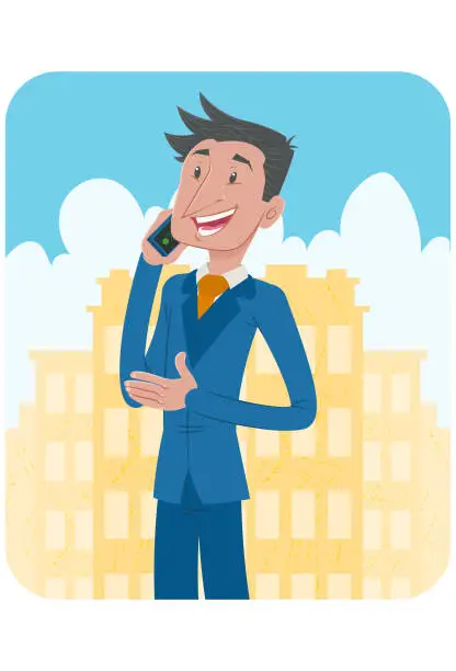 Vector illustration of Man in suit in town talking on cellphone