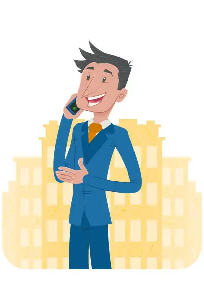 Vector illustration of Man in suit in town talking on cellphone
