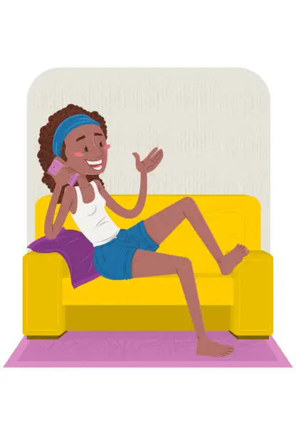Vector illustration of Black woman on sofa talking on cellphone