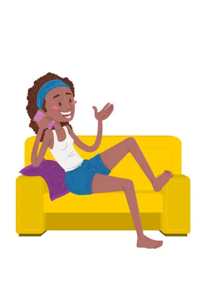 Vector illustration of Black woman on sofa talking on cellphone
