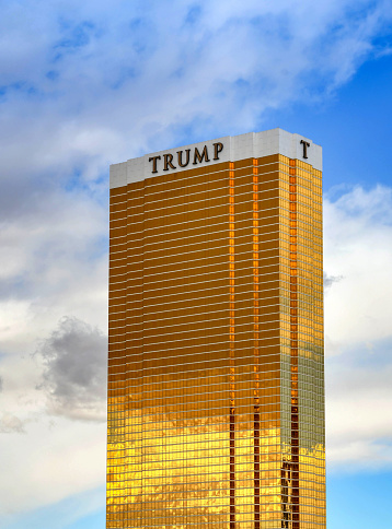 Las Vegas, Nevada, USA - February 2019: Exterior of the tall tower of Trump Hotel and Resort in Las Vegas.