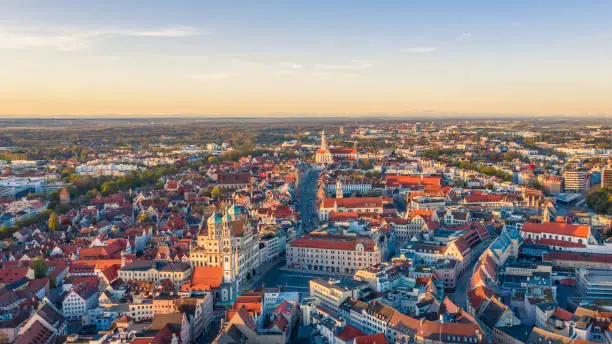 City center of Augsburg.  View from a height of the morning city.  Mountains are visible in the background.