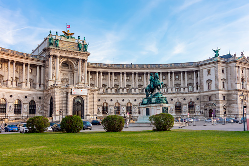 Vienna, Austria - October 2021: Hofburg palace and statue of Prince Eugene on Heldenplatz