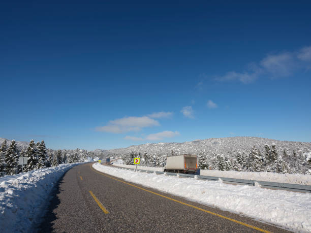 Highway and snow covered forest. Taken via medium format camera. Antalya, Turkey.