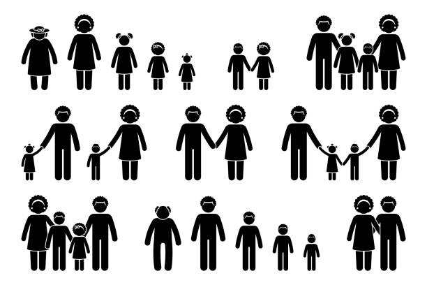 strichmännchen menschen generation familie vektor icon illustration set. stickman eltern, kinder, großeltern altern prozess silhouette piktogramm auf weißem hintergrund - black icons stock-grafiken, -clipart, -cartoons und -symbole