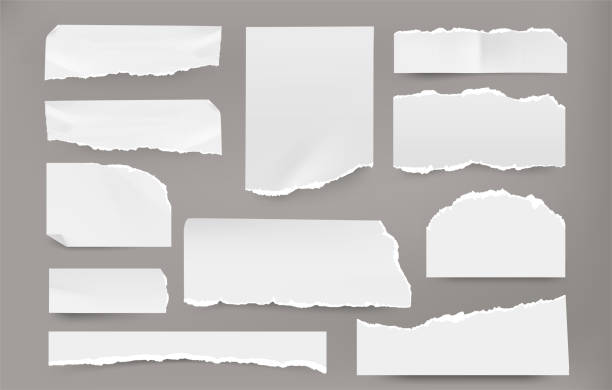 Realistic torn pages. Piece of white blank ripped notebook page and paper sheet, notepad and scrapbook pieces with grunge edges. Vector set Realistic torn pages. Piece of white blank ripped notebook page and paper sheet, notepad and shredded pieces with grunge edges. Vector set paper collection tear sheet scrap metal stock illustrations