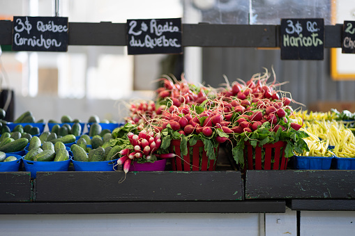 Radishes and other vegetables in baskets at Jean Talon Market in Montreal summer