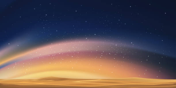 사막 모래 언덕에 은하수와 오렌지 빛, 별이 빛나는 하늘과 밤 다채로운 풍경, 은하계의 공간 배경아름다운 우주. 여행 배경에 대한 밤 하늘에 벡터 배너 스타 필드 - natal stock illustrations