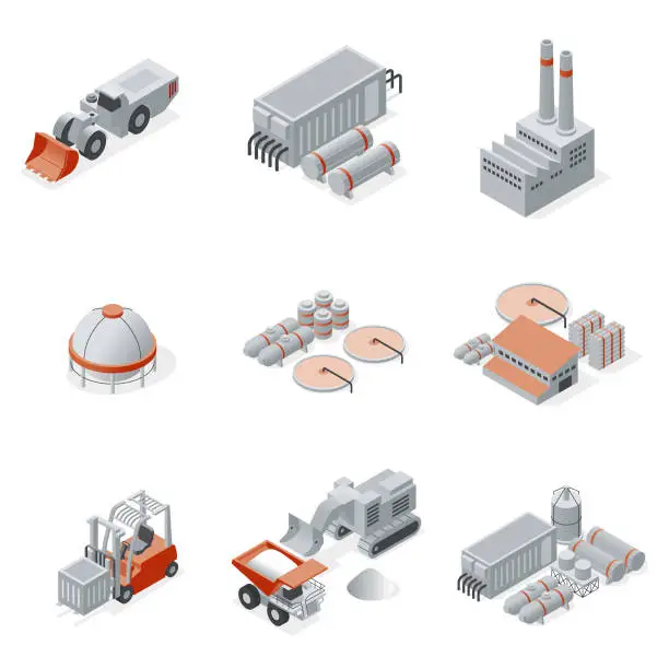 Vector illustration of Isometric set industry and mining